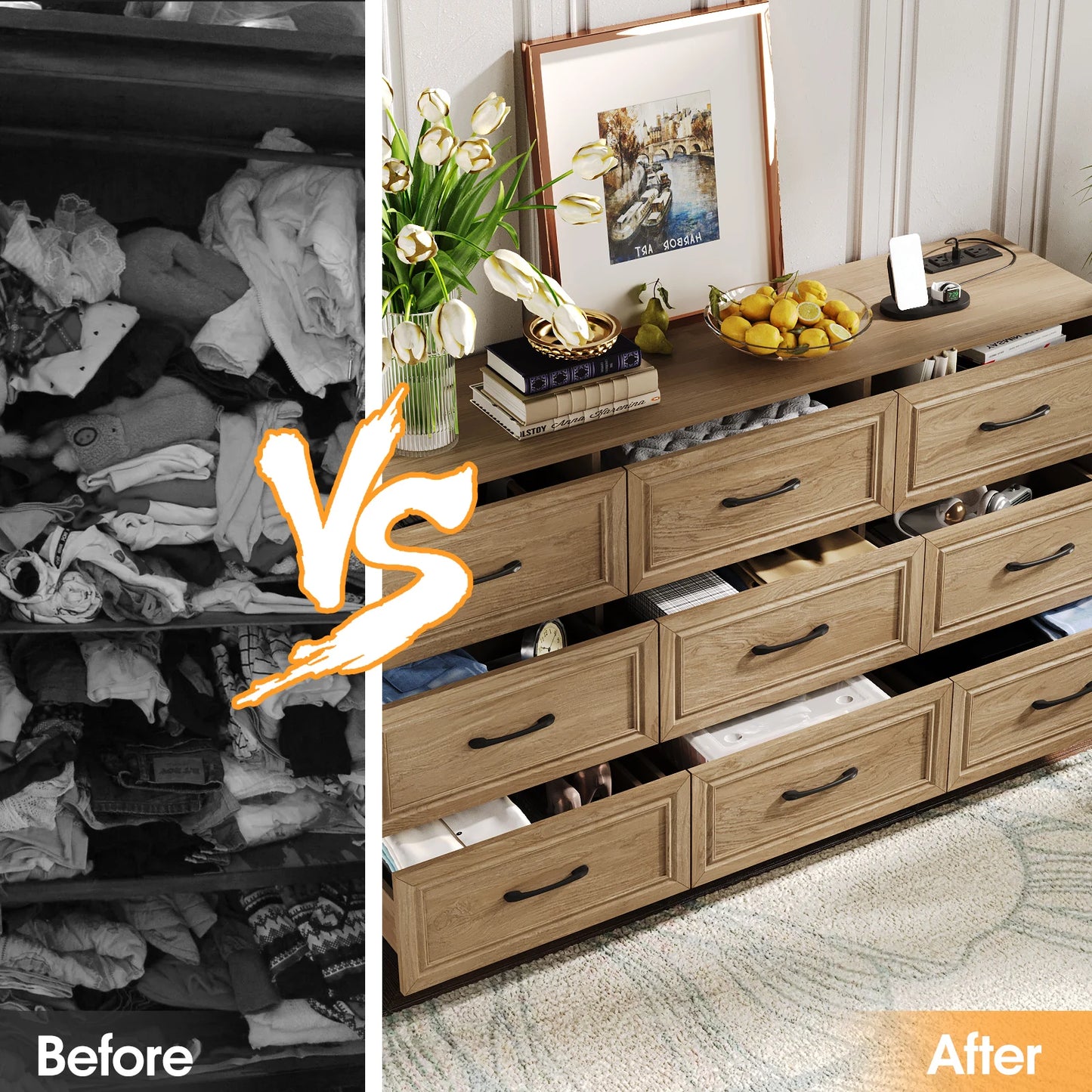 Vabches Wood Dresser for Bedroom 9 Drawer Dresser with Power Outlet&Metal Handles Chest of Drawers Storage Organizer for Hallway