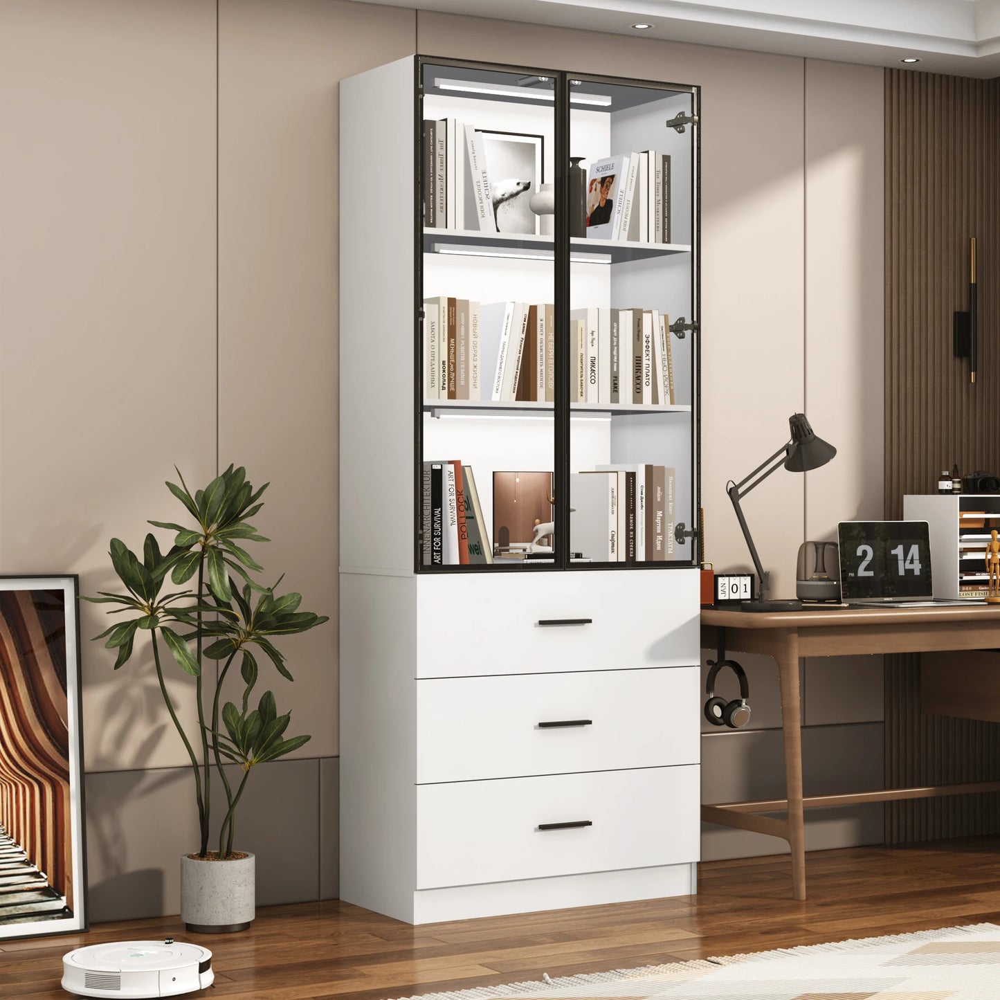 QiaoShiRen Modern Display Cabinet With LED Lights And Glass Doors