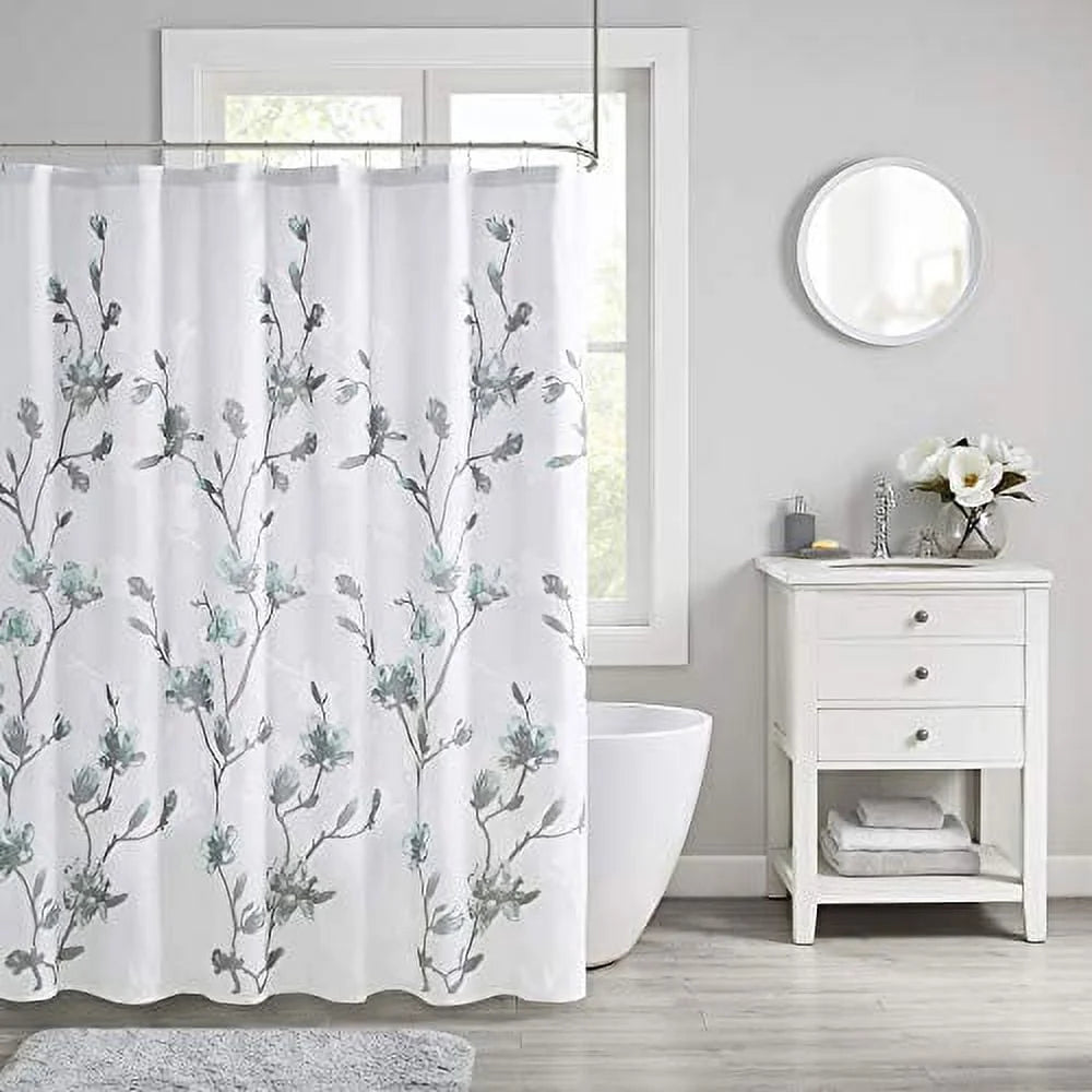 Lightweight Floral Printed Burnout Shower Curtain with Microfiber Liner 72x72 Machine Washable Aqua Grey Bathroom Decor