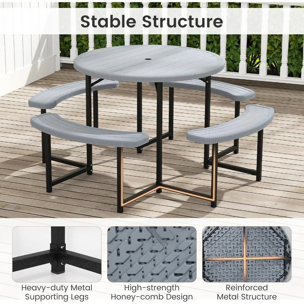 HDPE Outdoor Round Table And Bench Set With Umbrella Hole