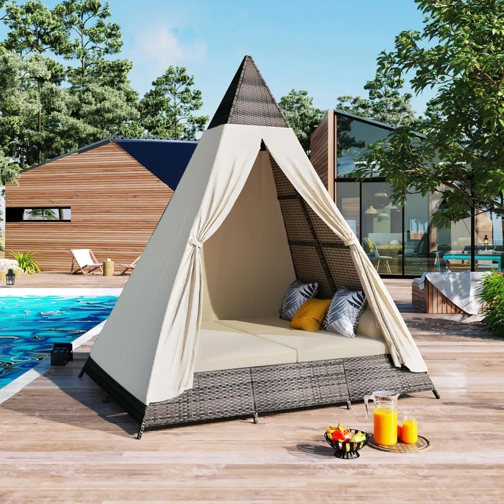 Outdoor Sunbed With Cushions And Pillows Tent Shape Daybed