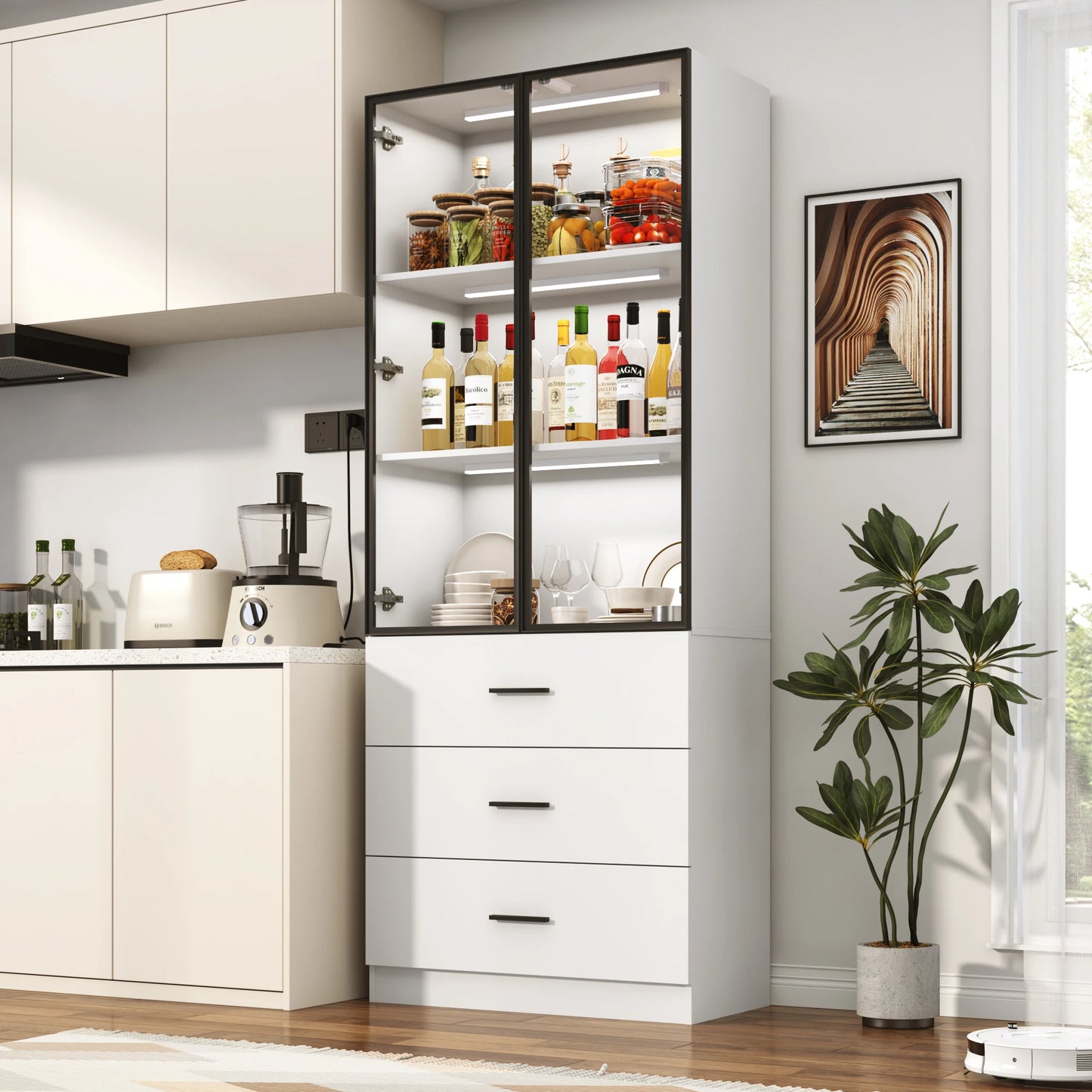 QiaoShiRen Modern Display Cabinet With LED Lights And Glass Doors