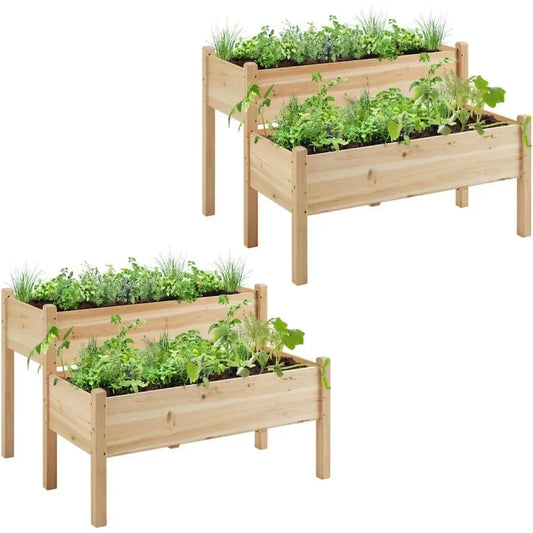 Natural Wooden Two Tier Raised Garden Bed With Legs