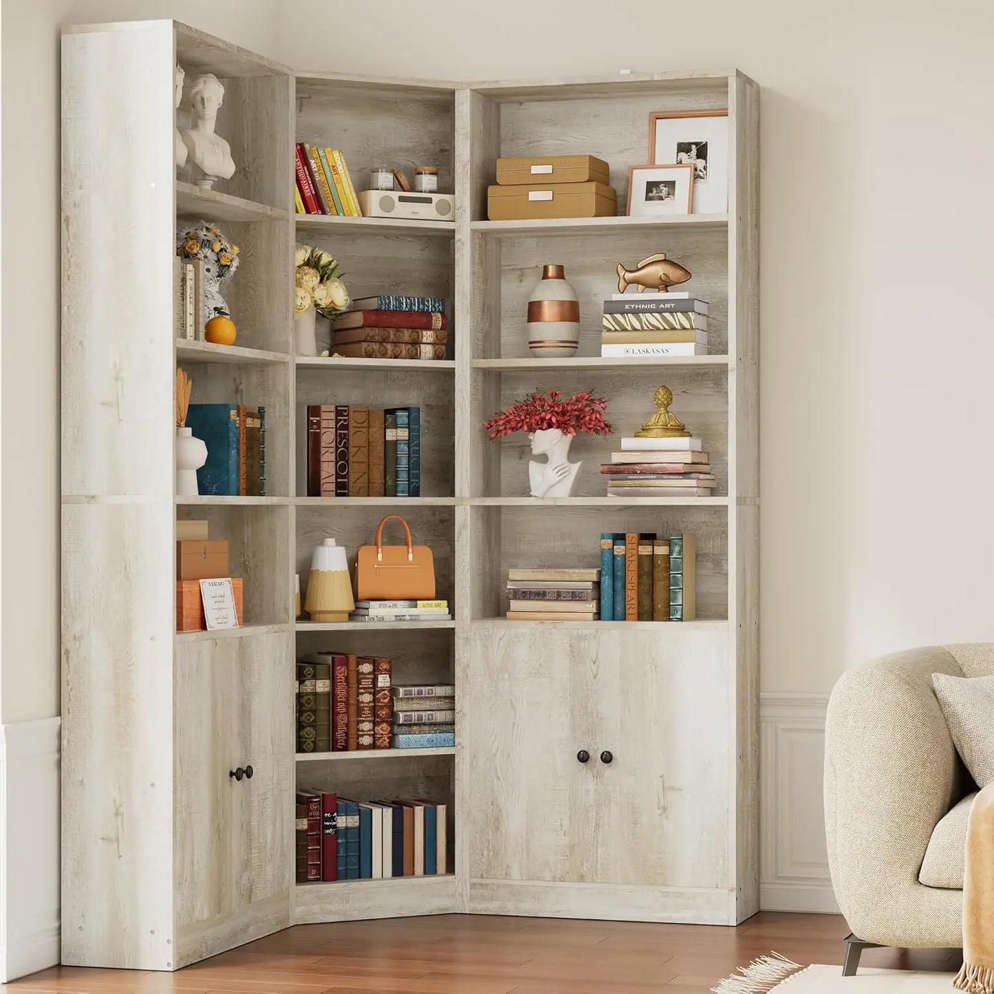 IRONCK Corner Bookcase And Two-Storage-Cabinet Unit With Seven-Tier Shelves System