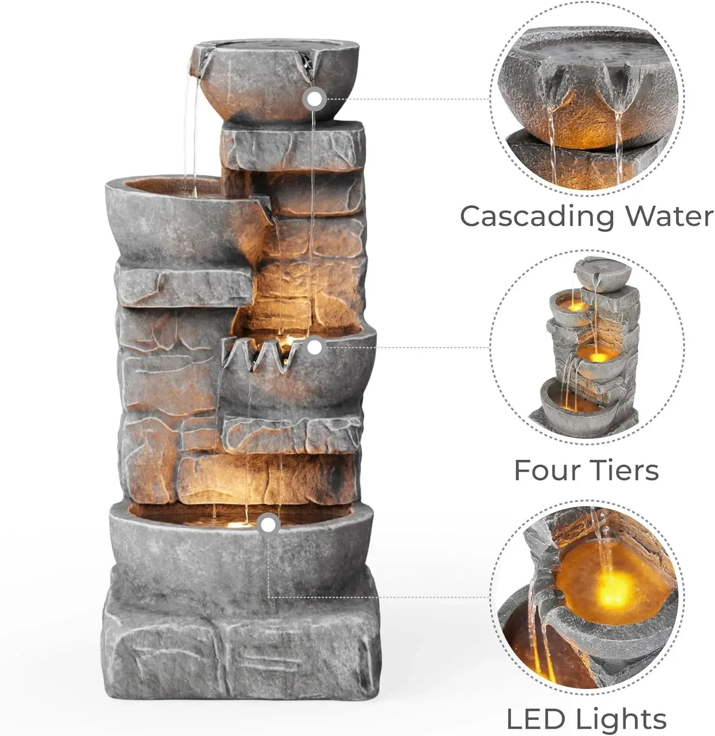 LED Outdoor Water Fountain With Cascading Bowls And Stones
