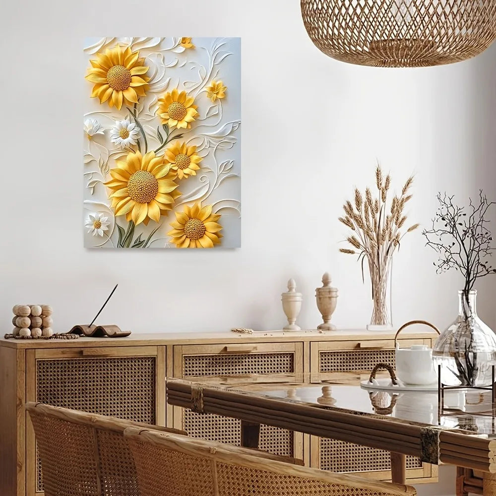 Hign Concerned 3D Relief Sunflower Canvas Art Wood Frame