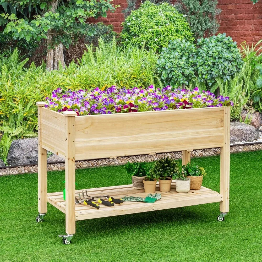 JIAOYING Raised Garden Bed On Wheels Wood Planter With Legs