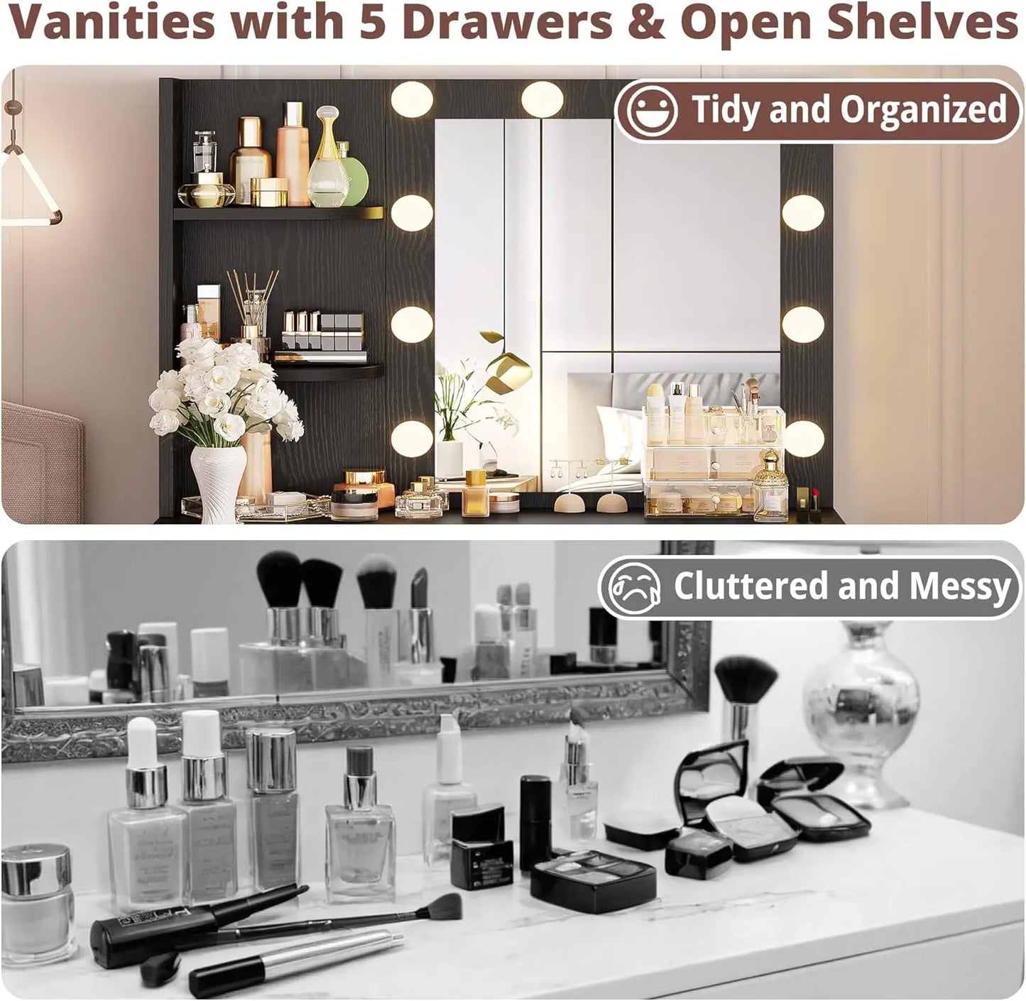 IRONCK Vanity Desk with Mirror and Lights,Small Makeup Vanity Table with 5 Drawers, Dressing Table for Women Girls Bedroom