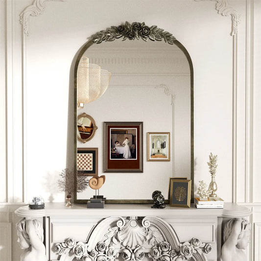 LUVODI Arched Wall Mirror With Resin Rose Pattern Frame