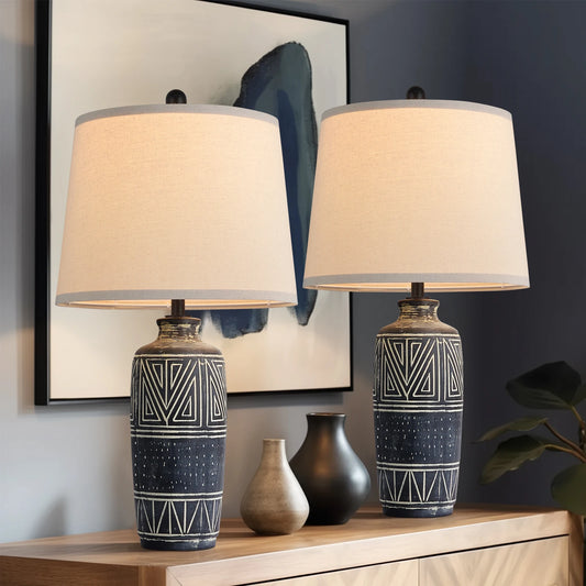 STANBOW Carved Geometric Ceramic Table Lamp Linen Shade