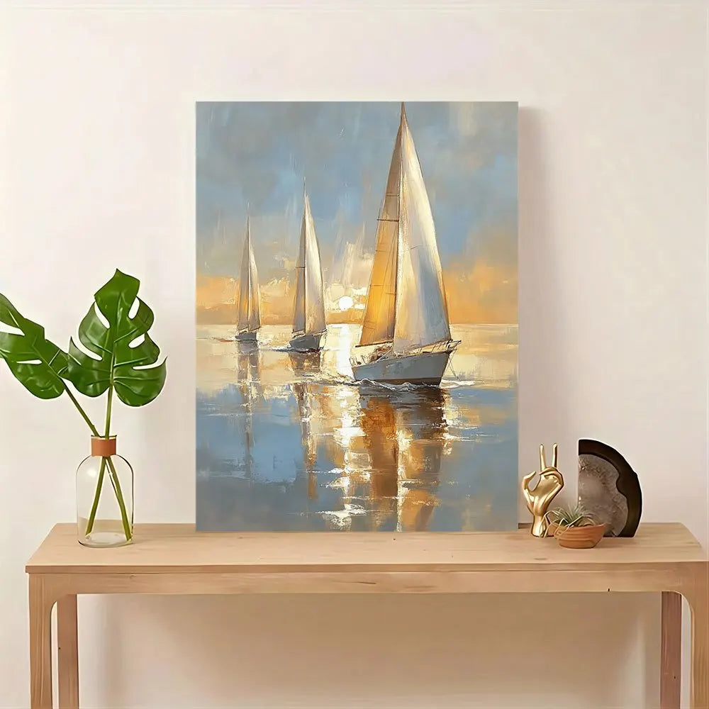 Hign-concerned Sailing Boat At Sea Wood Framed Canvas Art