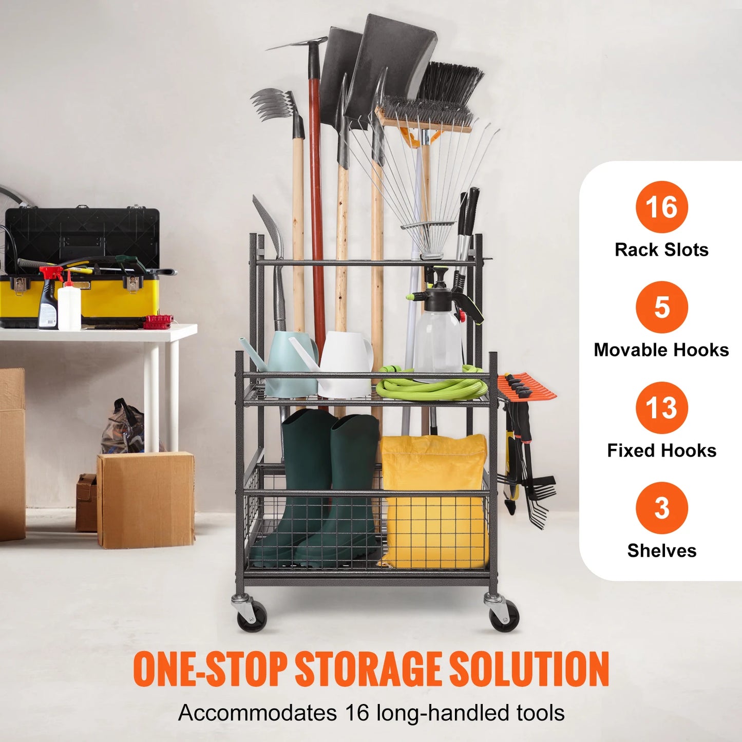SucceBuy Garden Tool Organizer Rack With Hooks And Wheels