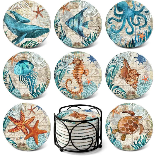 Warm Welcome Decor Absorbing Stone Ocean Coasters Set Of 8