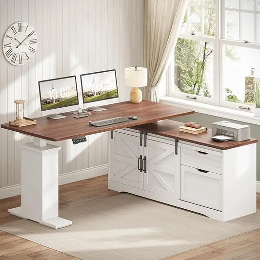 Farmhouse L Shaped Standing Desk, 55 inch Height Adjustable Corner Desk