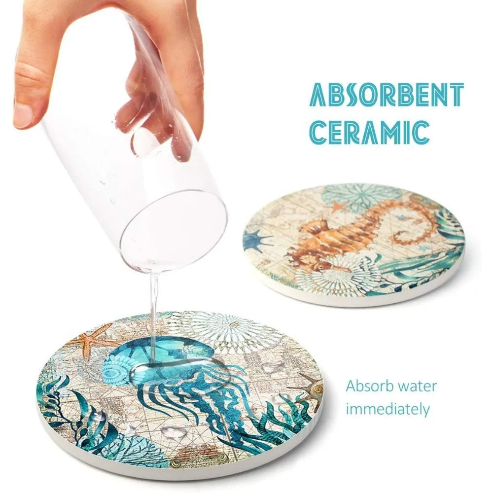 Warm Welcome Decor Absorbing Stone Ocean Coasters Set Of 8