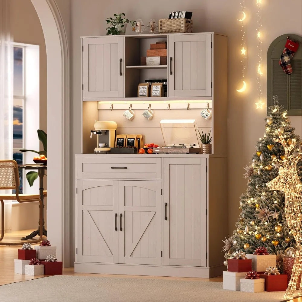 Pantry Cabinet With LED Light Outlet Microwave Shelf