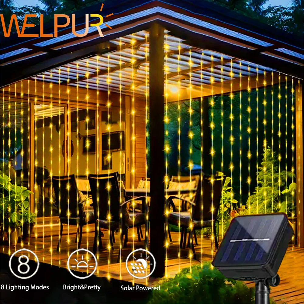 WELPUR Solar Curtain Lights Outdoor 8 Modes Garden Decor
