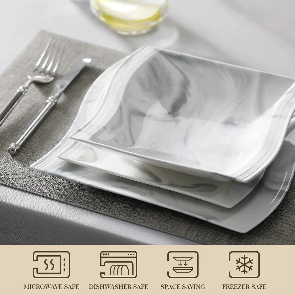 MALACASA FLORA Marble Porcelain Dinnerware Set 30 Piece Tableware with 6PCS Dinner Plate Dessert Plate Soup Plate Cups