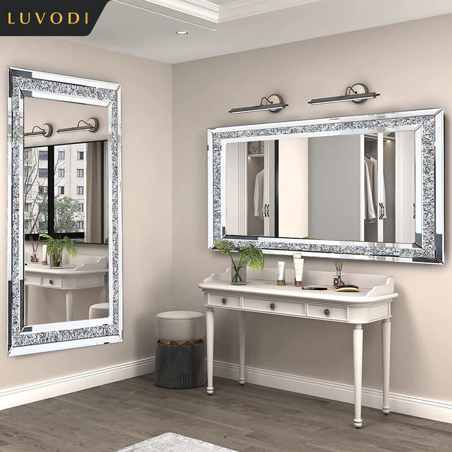 LUVODI Frameless Silver Crystal Vanity Mirror Wall Mounted