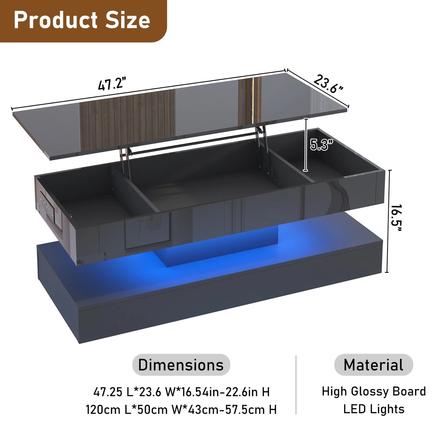QiaoShiRen LED Coffee Table With Open Display Shelf