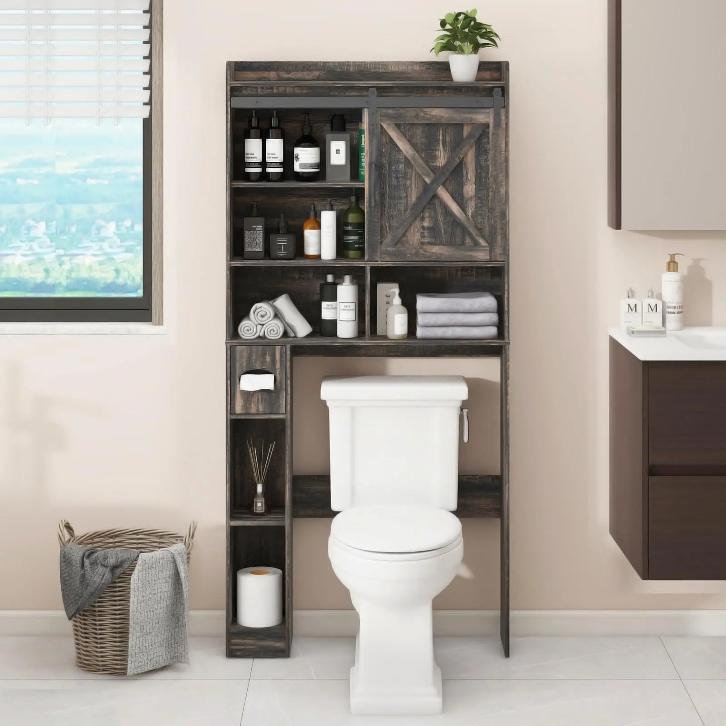 Vabches Over the Toilet Storage Cabinet Farmhouse Bathroom Organizer with Sliding Door & Toilet Paper Holder Wooden Toilet Rack