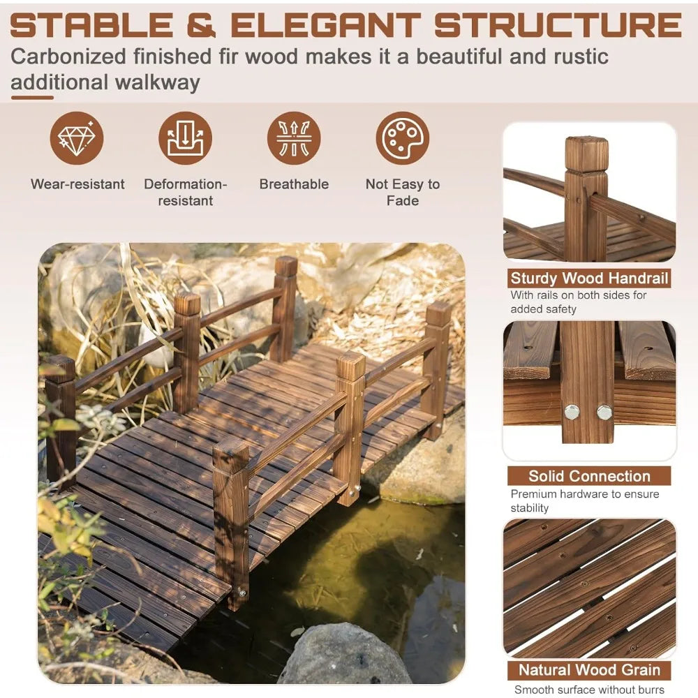 Fir Wood Garden Bridge Arc Footbridge With Safety Railings