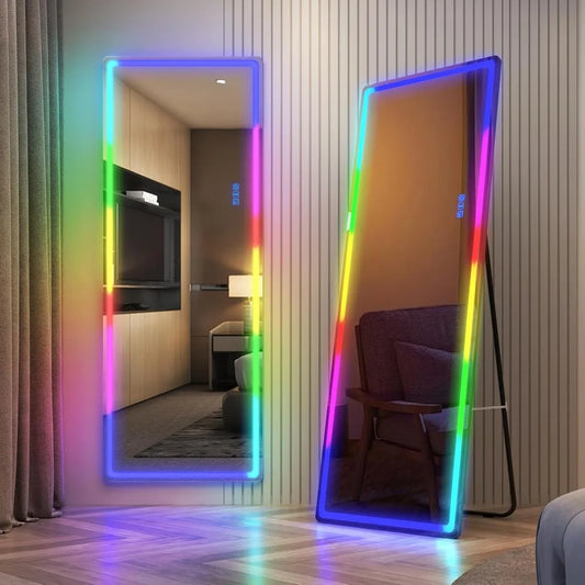 RGB LED Mirror, Full Length Mirror with Lights, 63 X 22 Floor Standing Mirror, Wall Mount Full Body Lighted Mirror, Stand