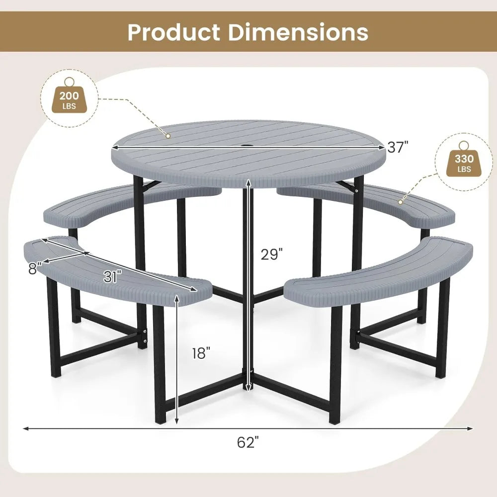 HDPE Outdoor Round Table And Bench Set With Umbrella Hole