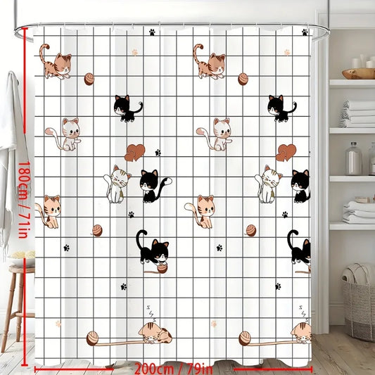 1pc Waterproof Cute Cat Pattern Shower Curtain - Easy Install with Hooks, Durable & Decorative for Any Bathroom