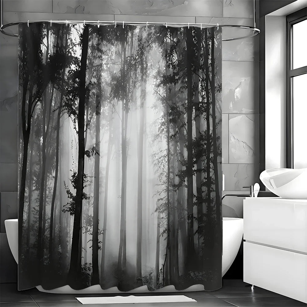 Black Tree Shower Curtain, Black Misty Forest Bathroom Decorative Shower Curtain, Waterproof Shower Curtain with Hooks