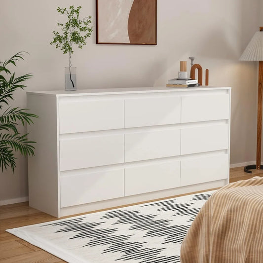 9 Drawers Double Dresser, Modern Wood Dresser Chest of Drawers with Large Storage Space for Bedroom, White (63”L x 15.7”W x 31.