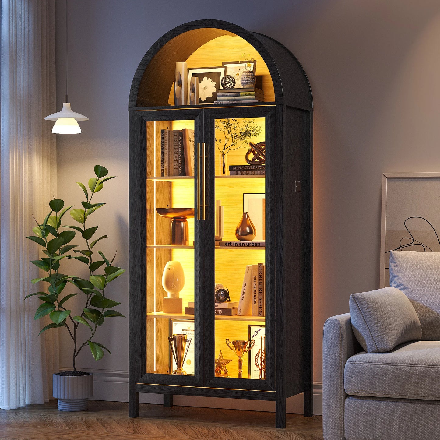 JDPAG Display Curio Cabinet With Glass Doors And LED Lights