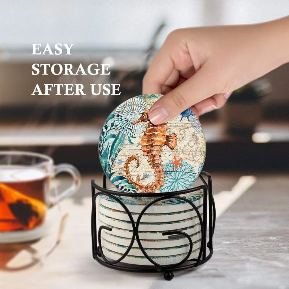 Warm Welcome Decor Absorbing Stone Ocean Coasters Set Of 8
