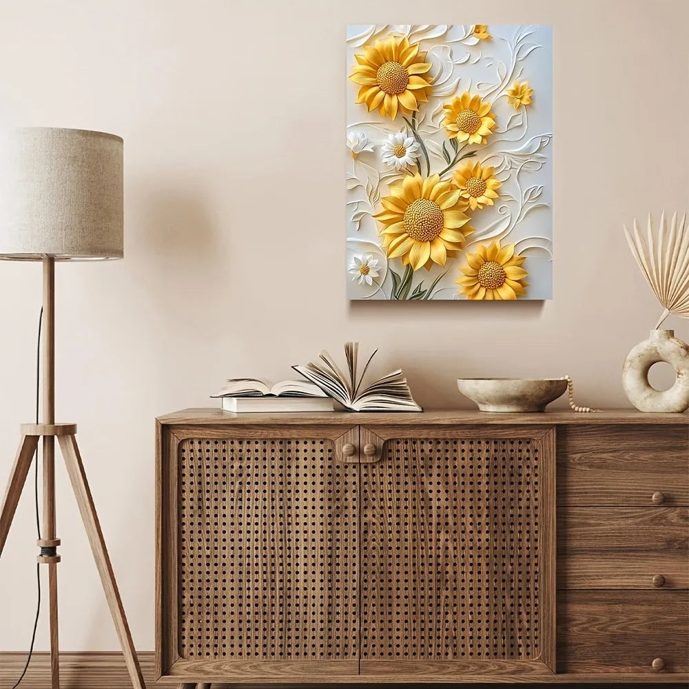 Hign Concerned 3D Relief Sunflower Canvas Art Wood Frame