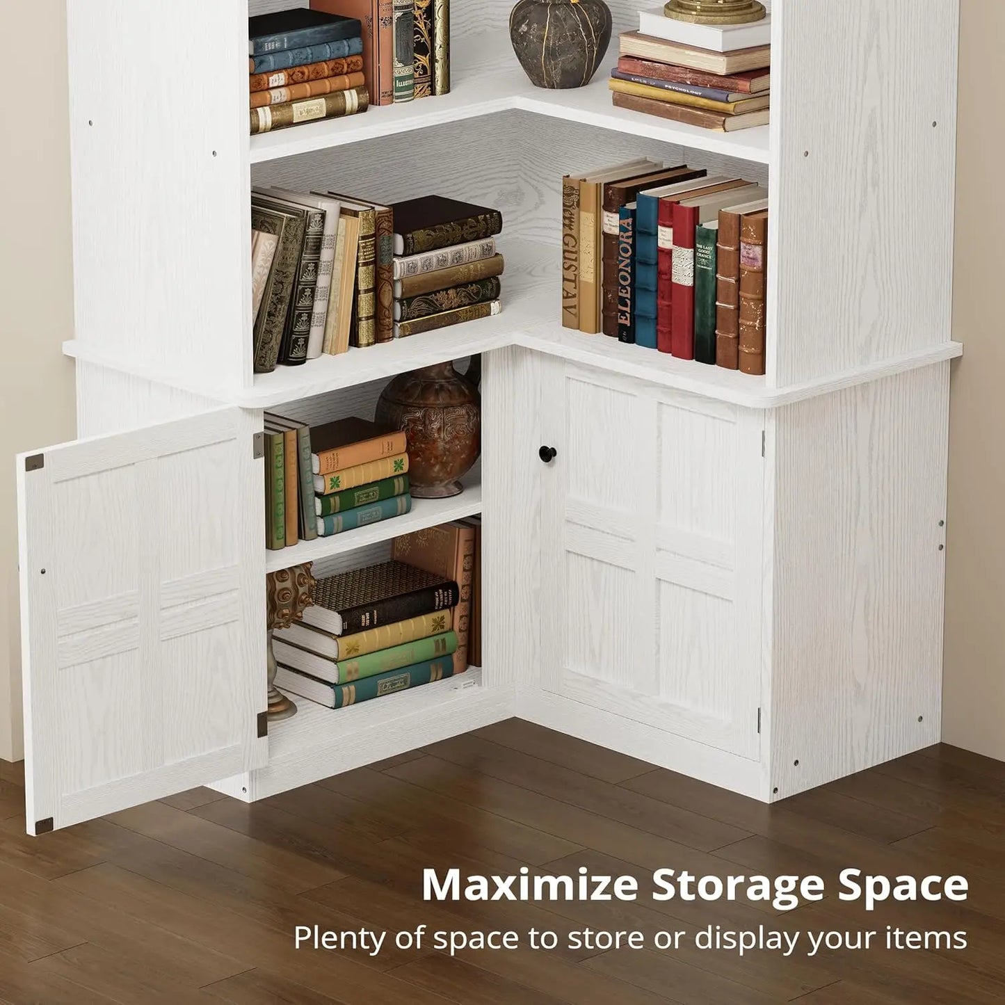 IRONCK Corner Bookshelf With Doors And 6 Tier Storage Cabinet