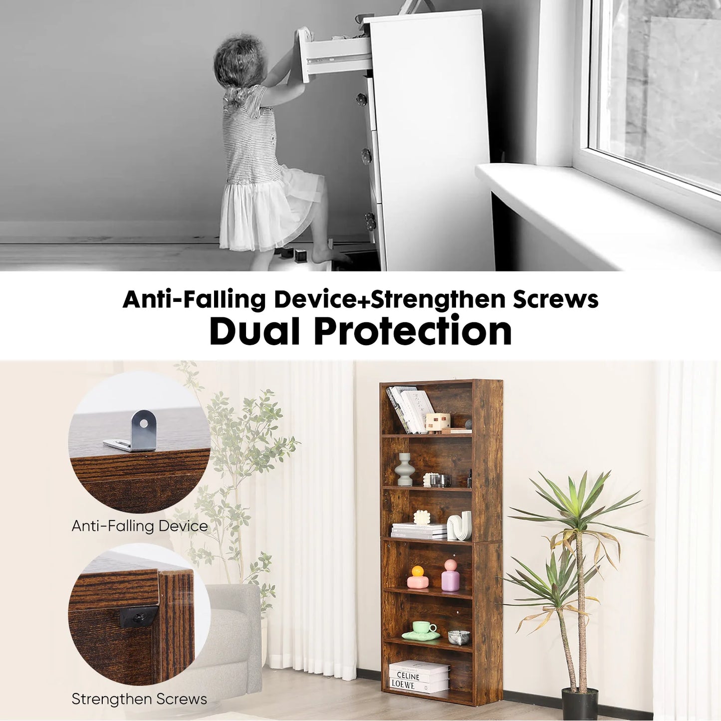 JHK 6 Tier Wooden Bookcase Floor Standing Open Bookshelf