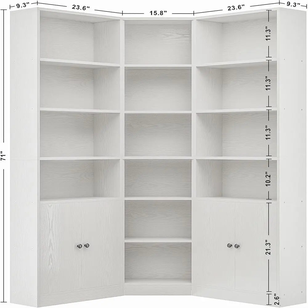 IRONCK Corner Bookshelf With 2 Storage Cabinets And 7-Tier Shelves