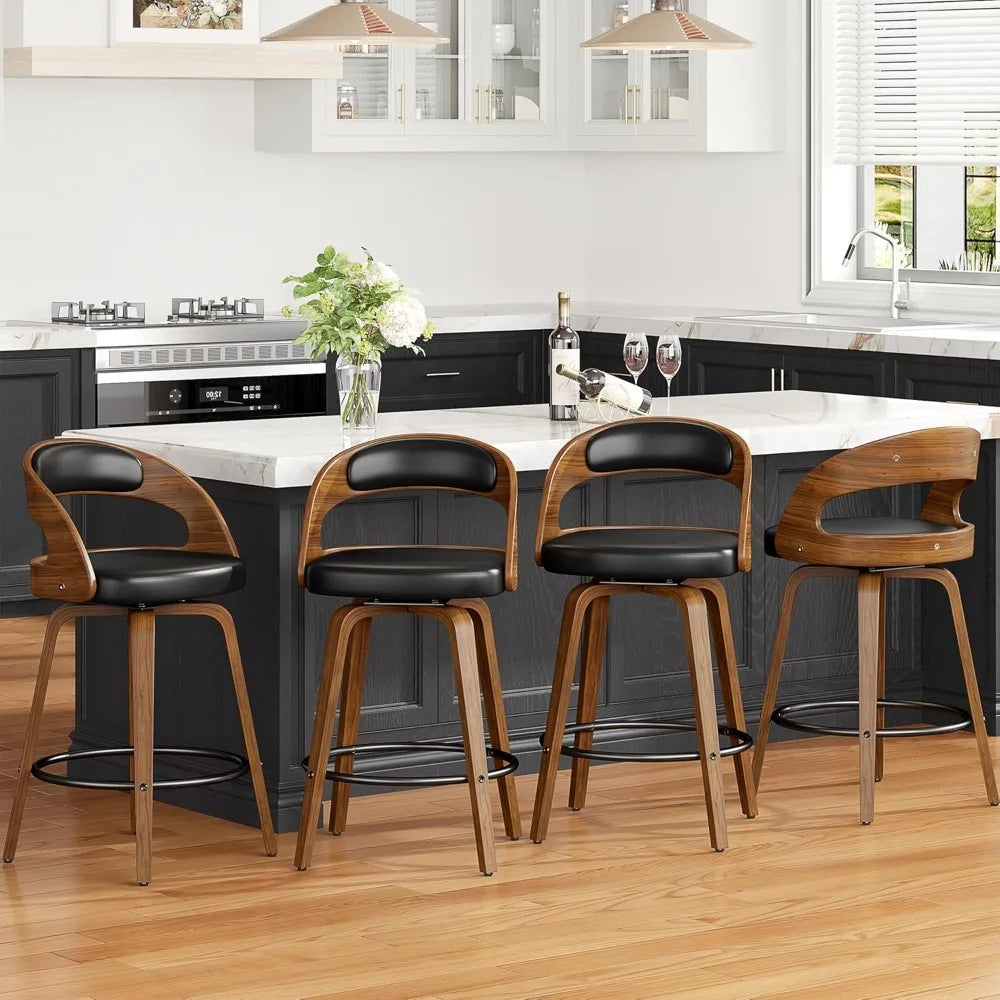 Set Of 4 Swivel Bar Stools Walnut Wood Leather Upholstered