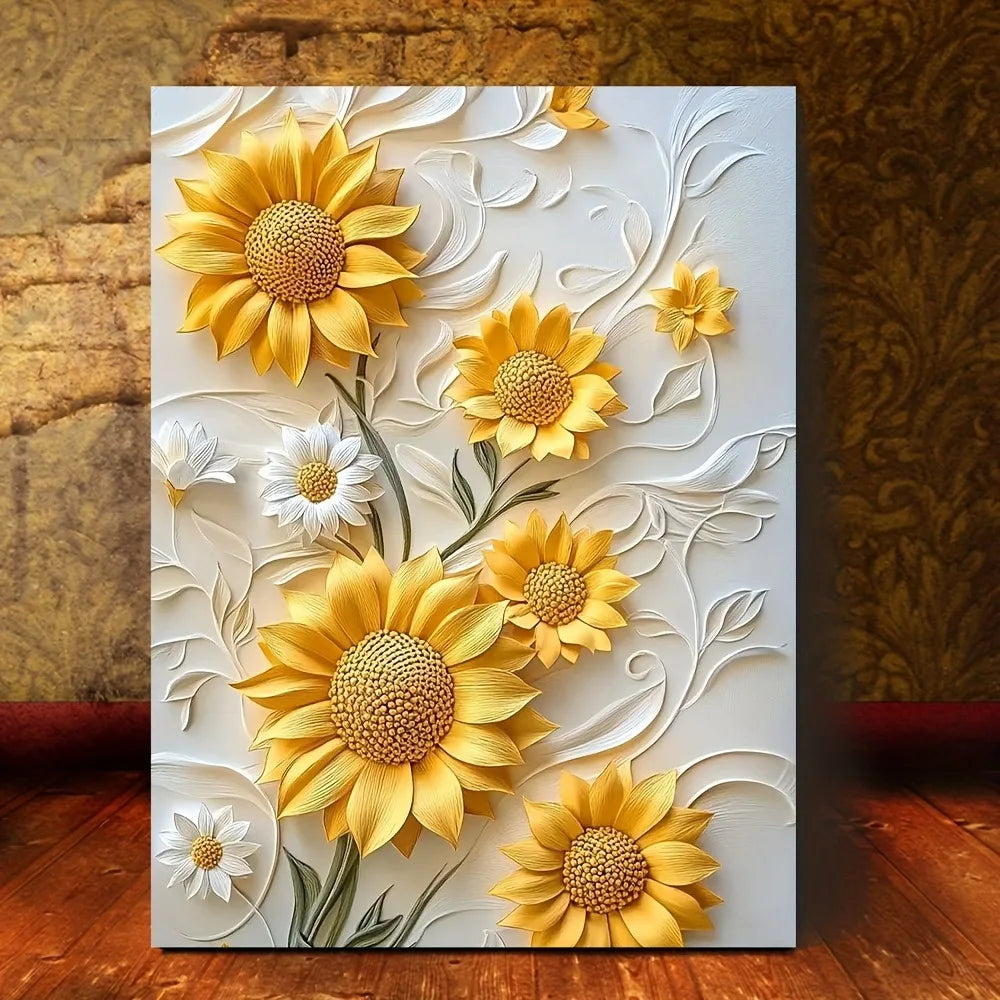 Hign Concerned 3D Relief Sunflower Canvas Art Wood Frame
