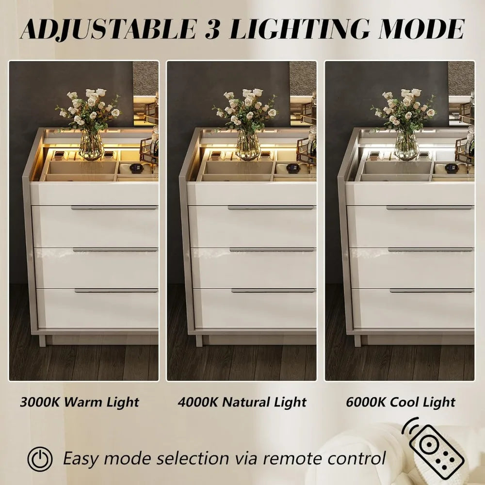 47.2" 8 Drawer Dresser with LED Light, Modern High Gloss Chest of Drawers with Glass Tabletop & 2 Six-Grid Jewelry Drawers, for