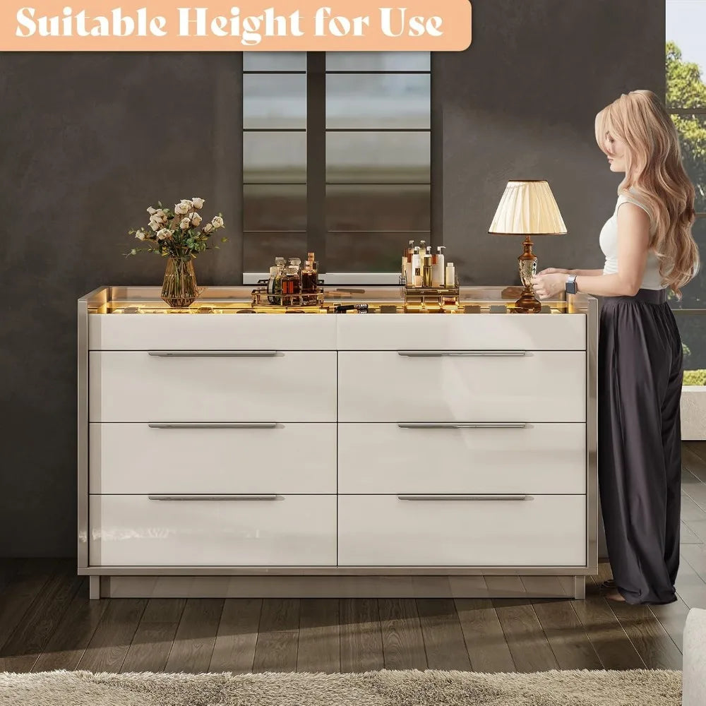 47.2" 8 Drawer Dresser with LED Light, Modern High Gloss Chest of Drawers with Glass Tabletop & 2 Six-Grid Jewelry Drawers, for