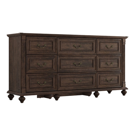 Farmhouse 9 Drawers Dresser for Bedroom with 6 Gourd Feet and Roman column decor, 63in Wide Wood Country Rustic Chest of Drawers