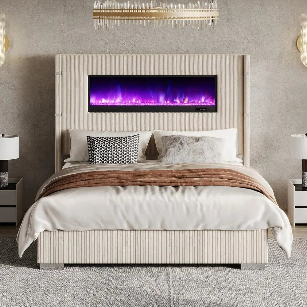 Hign-concerned Wingback Bed Frame with Fireplace and Wooden Slats
