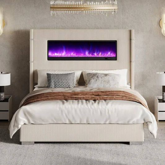 Hign-concerned Wingback Bed Frame with Fireplace and Wooden Slats