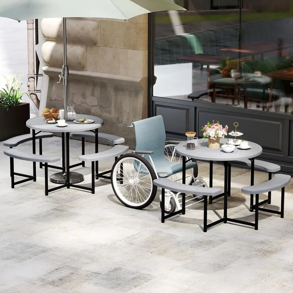 HDPE Outdoor Round Table And Bench Set With Umbrella Hole