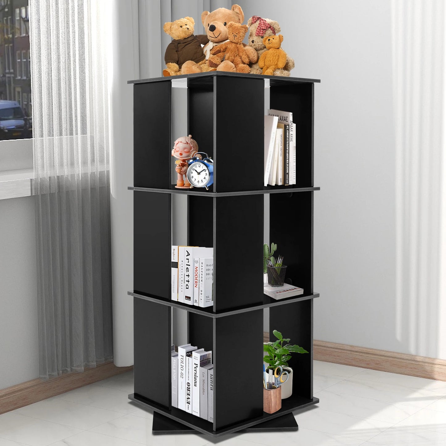 Bymaocar 3 Tier Rotating Bookshelf Revolving Bookcase With Bookends