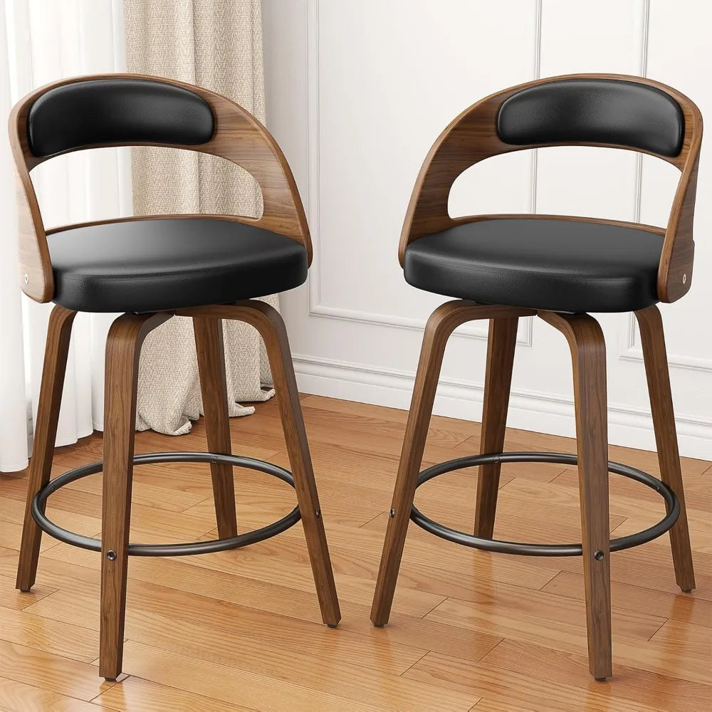 Set Of 4 Swivel Bar Stools Walnut Wood Leather Upholstered