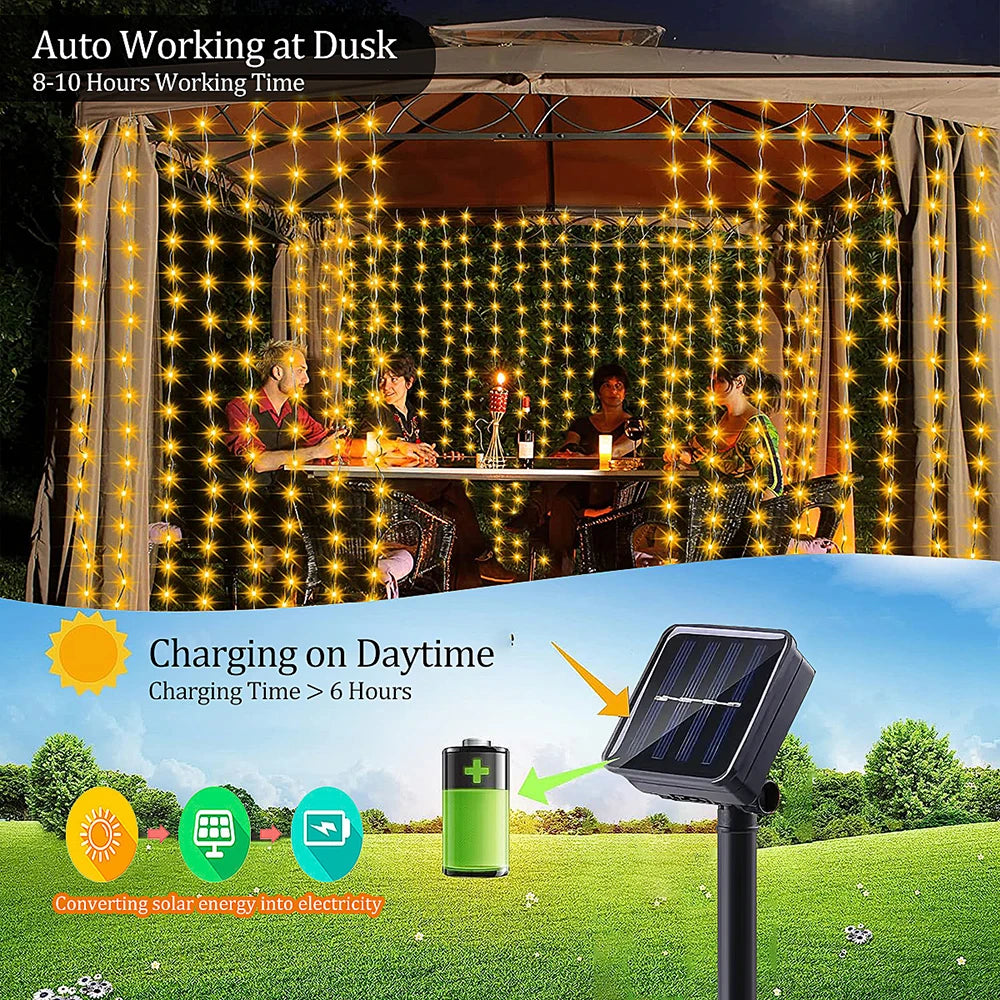 WELPUR Solar Curtain Lights Outdoor 8 Modes Garden Decor