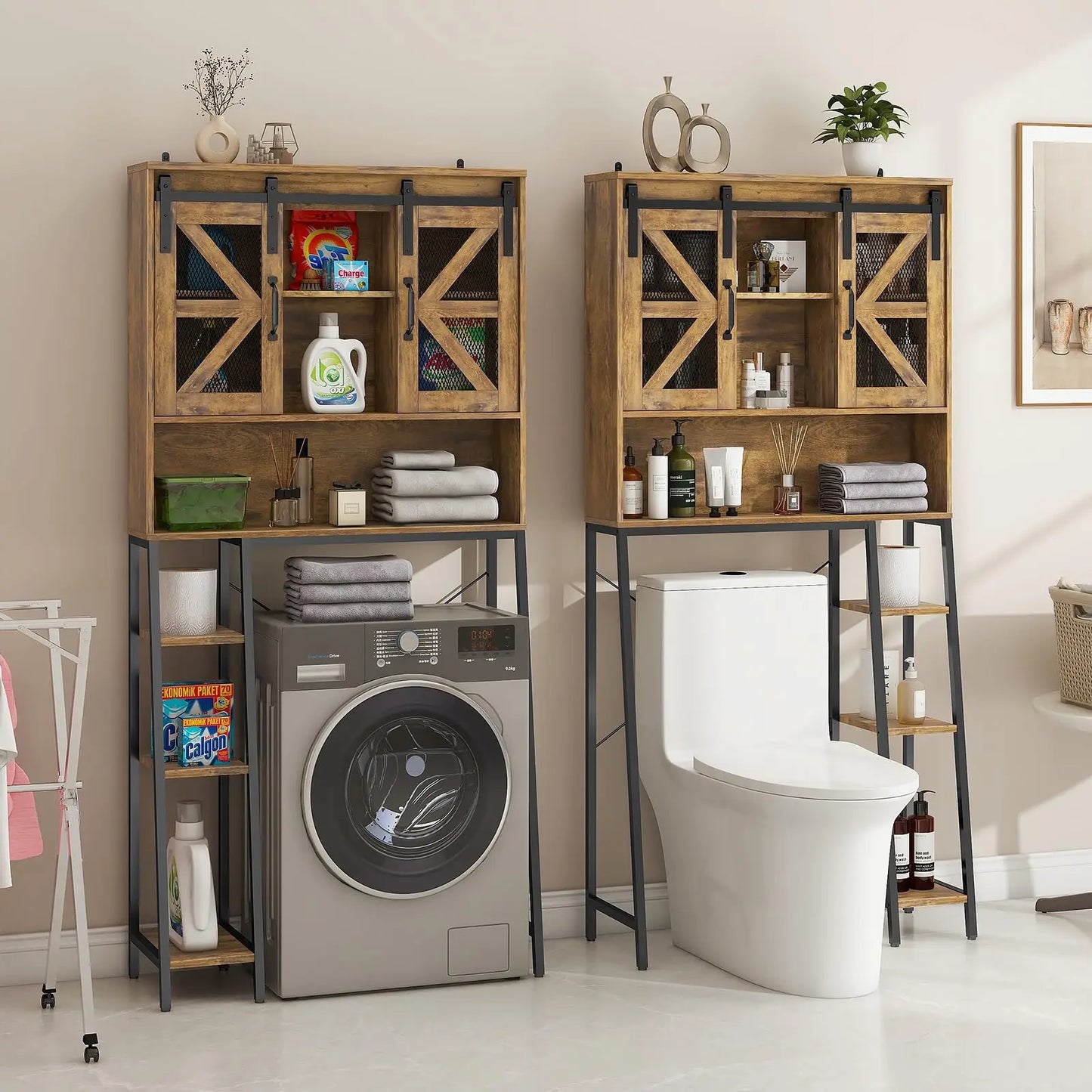 Vabches Over the Toilet Storage Cabinet Farmhouse Bathroom Storage Cabinet with Sliding Barn Door&Metal Legs Toilet Rack Laundry