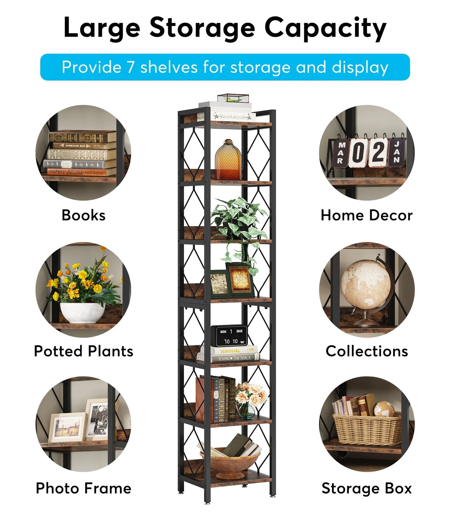 Tribesigns 7-Tier Skinny Bookshelf For Small Spaces Freestanding Display Organization